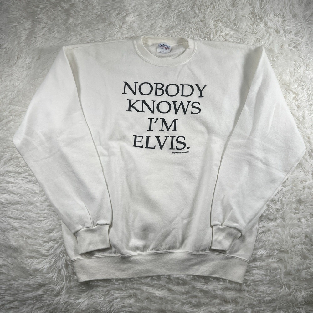 Vintage 90s Don't Panic Sweater Mens Large Nobody Knows I'm‎ Elvis Sweatshirt